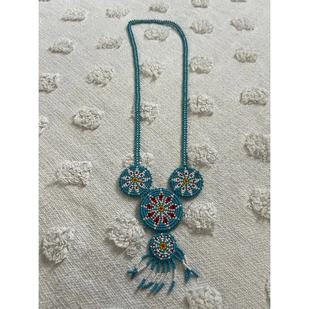 Vintage 60s Native American Medallion Necklace Seed Beaded Starburst Fringe